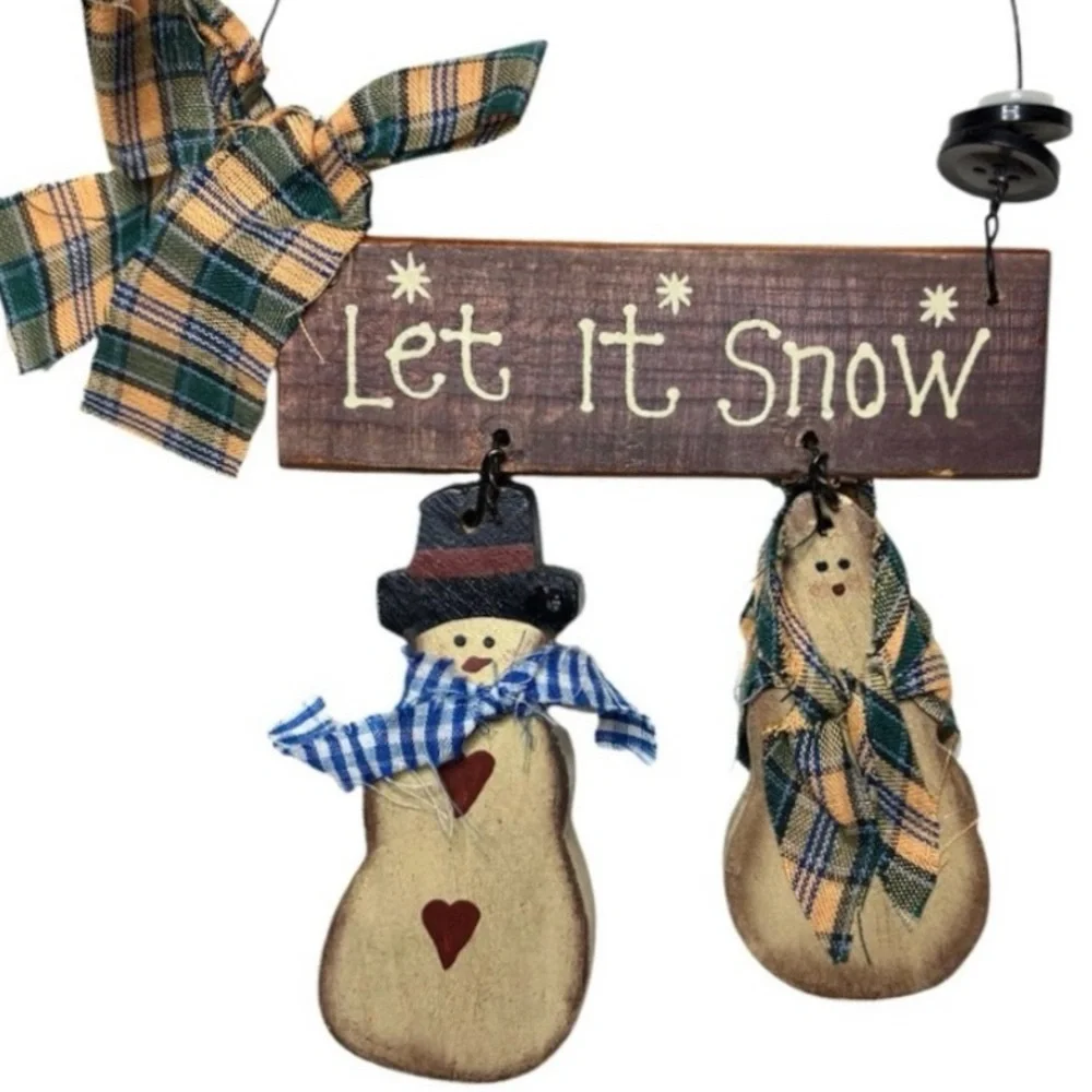 Vintage Snowman Ornaments Let It Snow Hand Painted Wooden Winter Christmas Decor